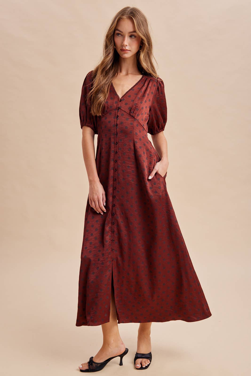 Melanie Satin Polka Dot Button Down Dress ~ Bordeaux
