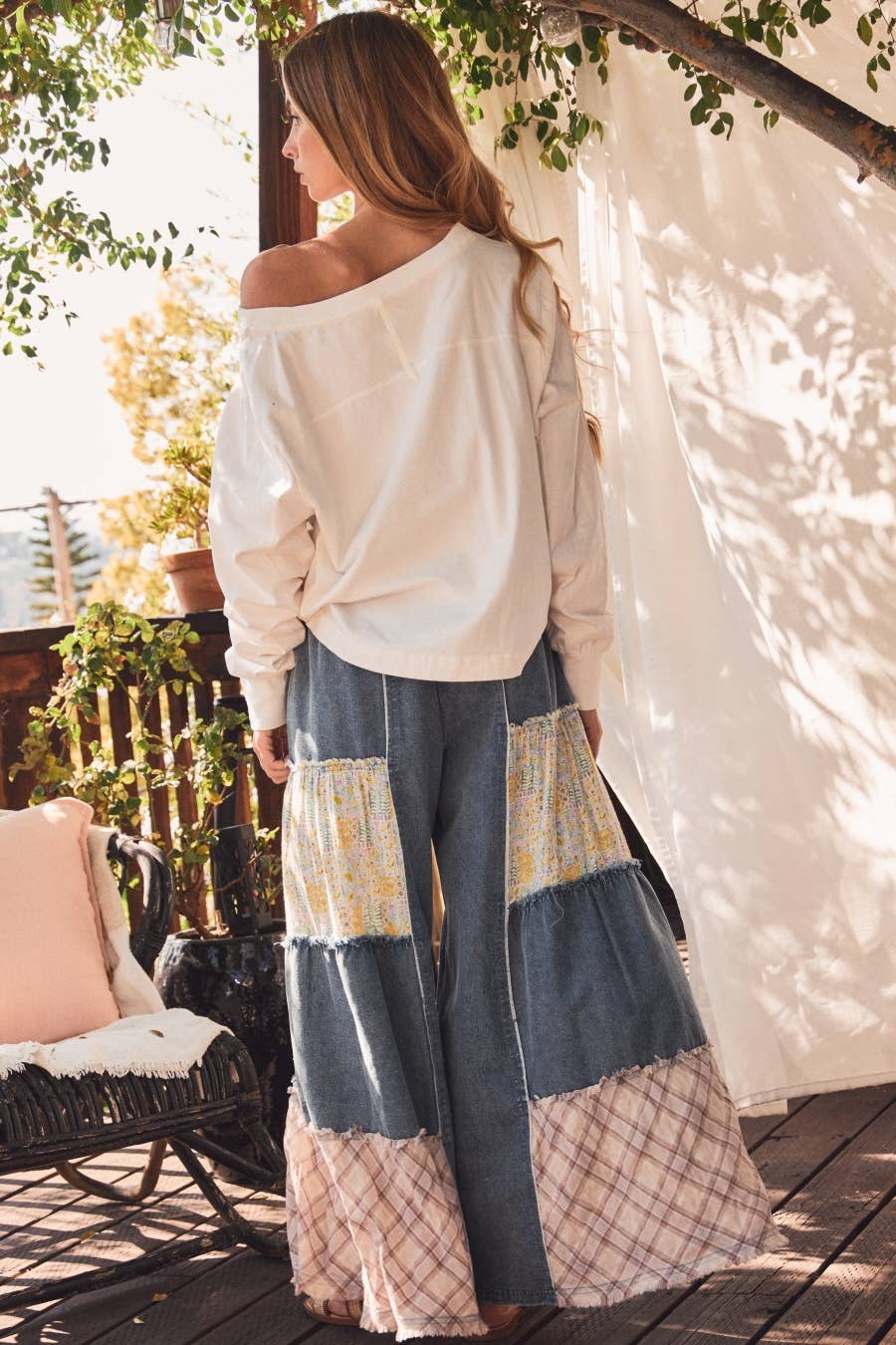 Madelyn Mixed Fabric Star Patchwork Wide Leg Pants ~ Denim