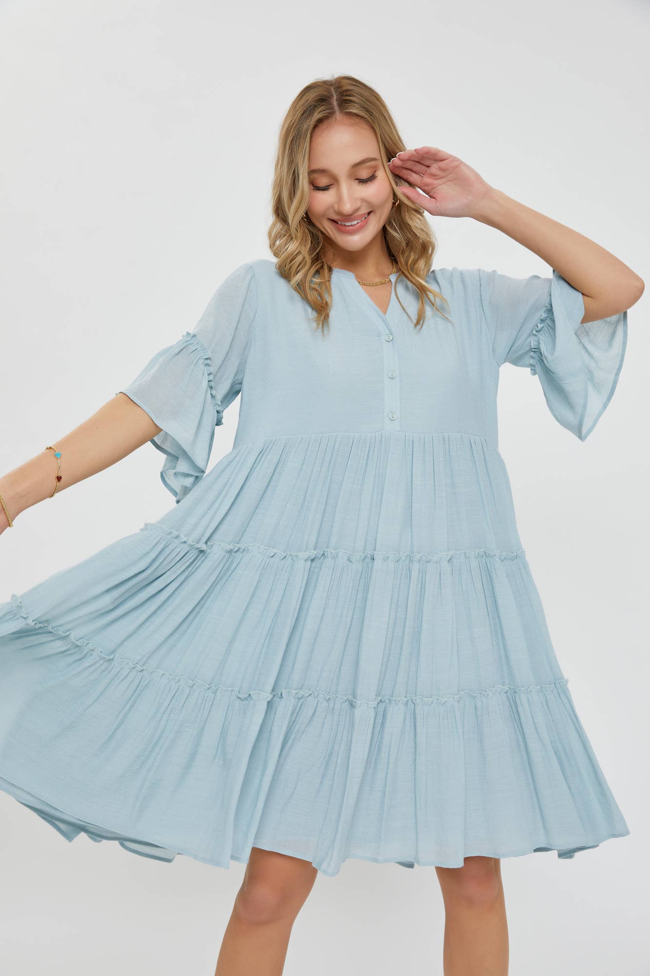 Theo Tiered Shirt Dress ~ Misty Blue