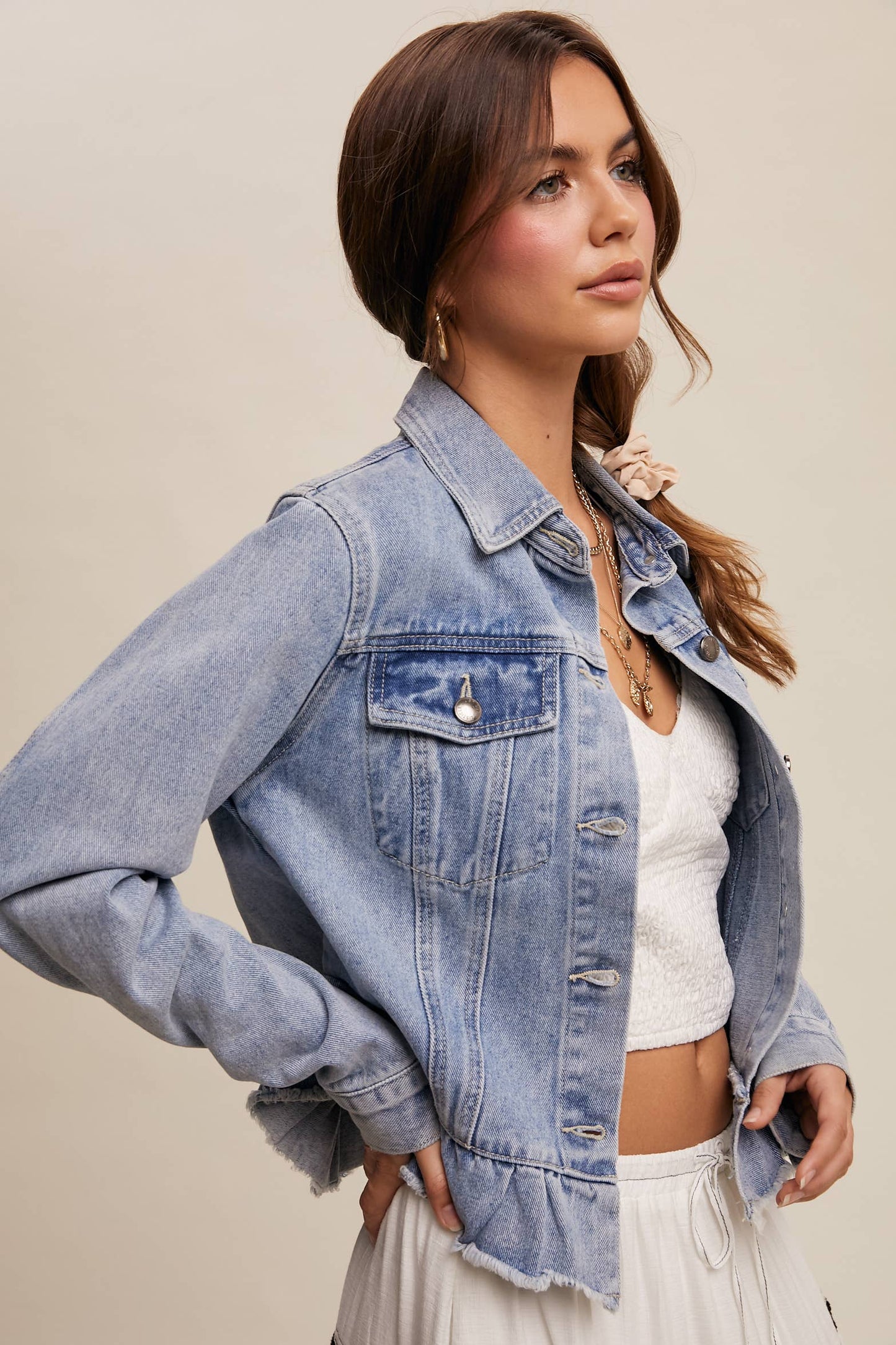 Regan Ruffled Hem Denim Jacket ~ Light Denim