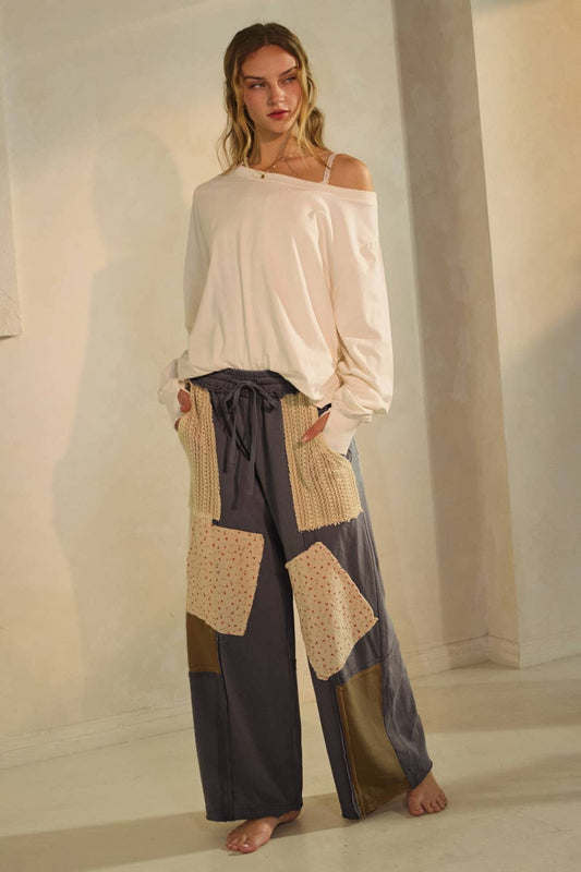 Piper Patchwork Wide Leg Pants ~ Moss Charcoal