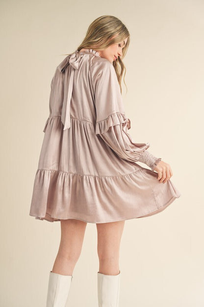 Addison Mock Neck Tiered Mini Dress ~ Champagne