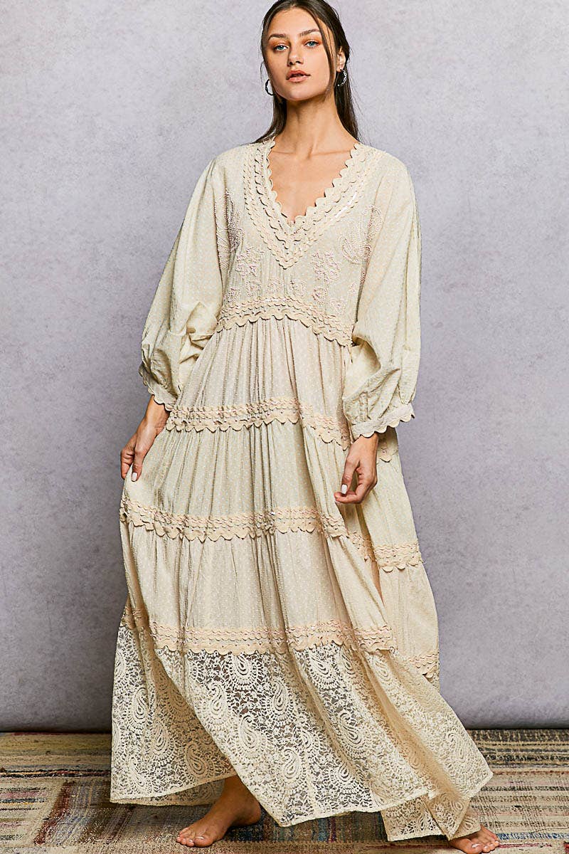 Sidney 3/4 Sleeves Embroidered Lace Romantic Maxi Dress ~ Natural