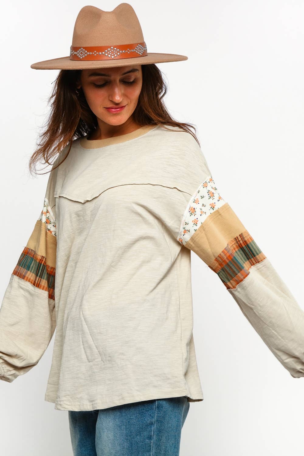 Tinsley Floral Check Color Block Top ~ Oatmeal