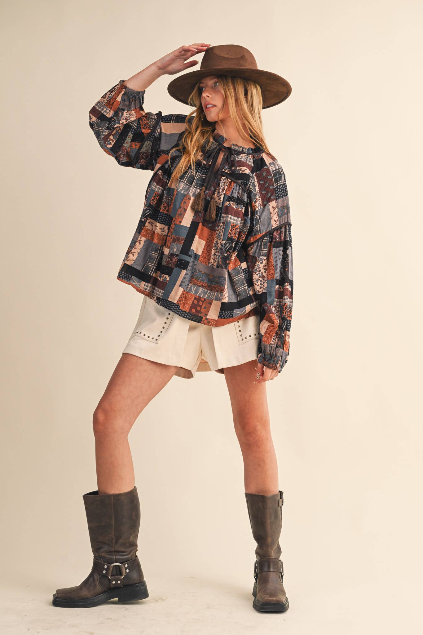 Layla Boho Patchwork Babydoll Top ~ Brown