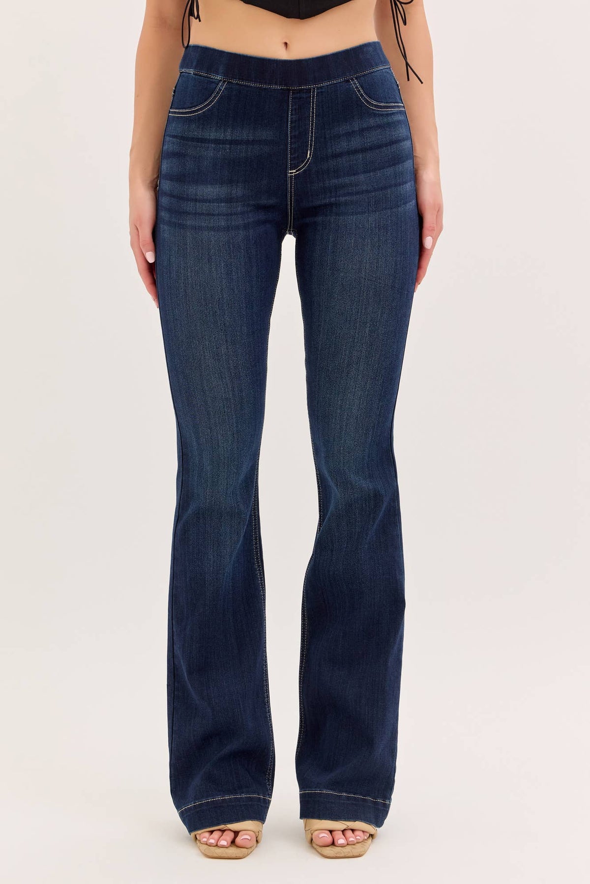 Stevie High Rise Dark Pull On Flare Jeans ~ Dark Denim