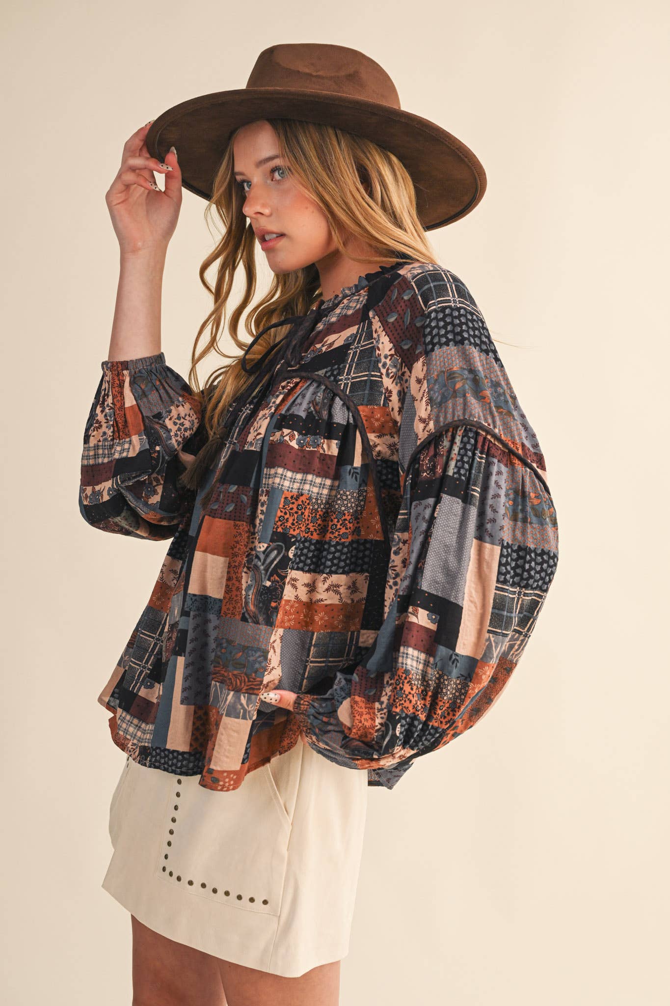 Layla Boho Patchwork Babydoll Top ~ Brown