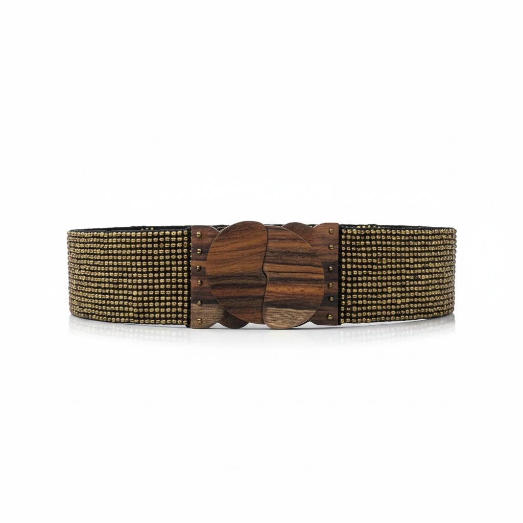 Stretchable Boho Chic Glass Beaded Belt with Wooden Buckle