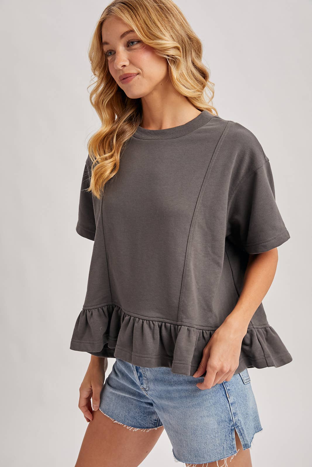 Regan Ruffled Peplum Hem Swing Knit Top ~ Ash