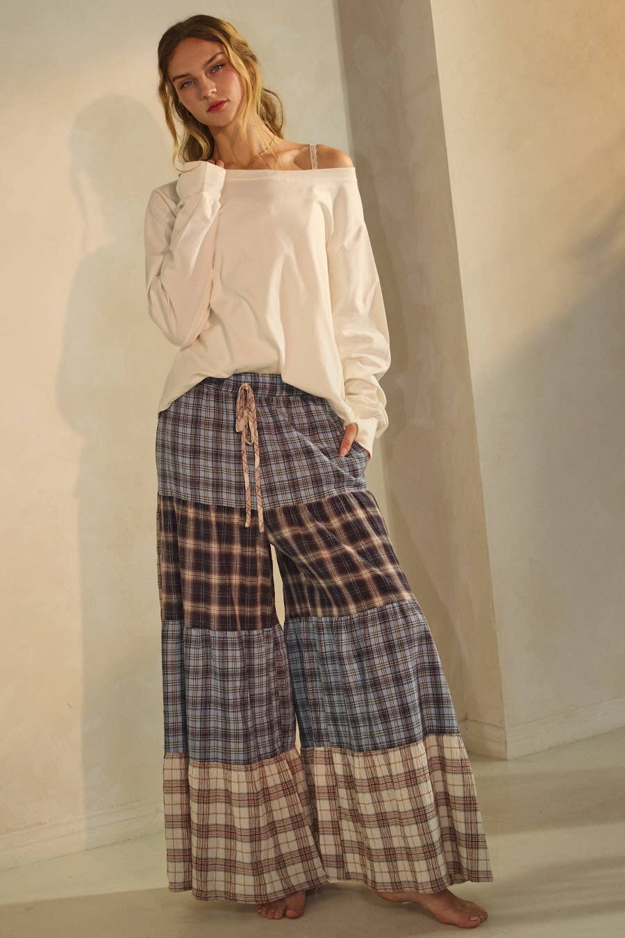Penny Relaxed Plaid Patchwork Pants ~ Blue