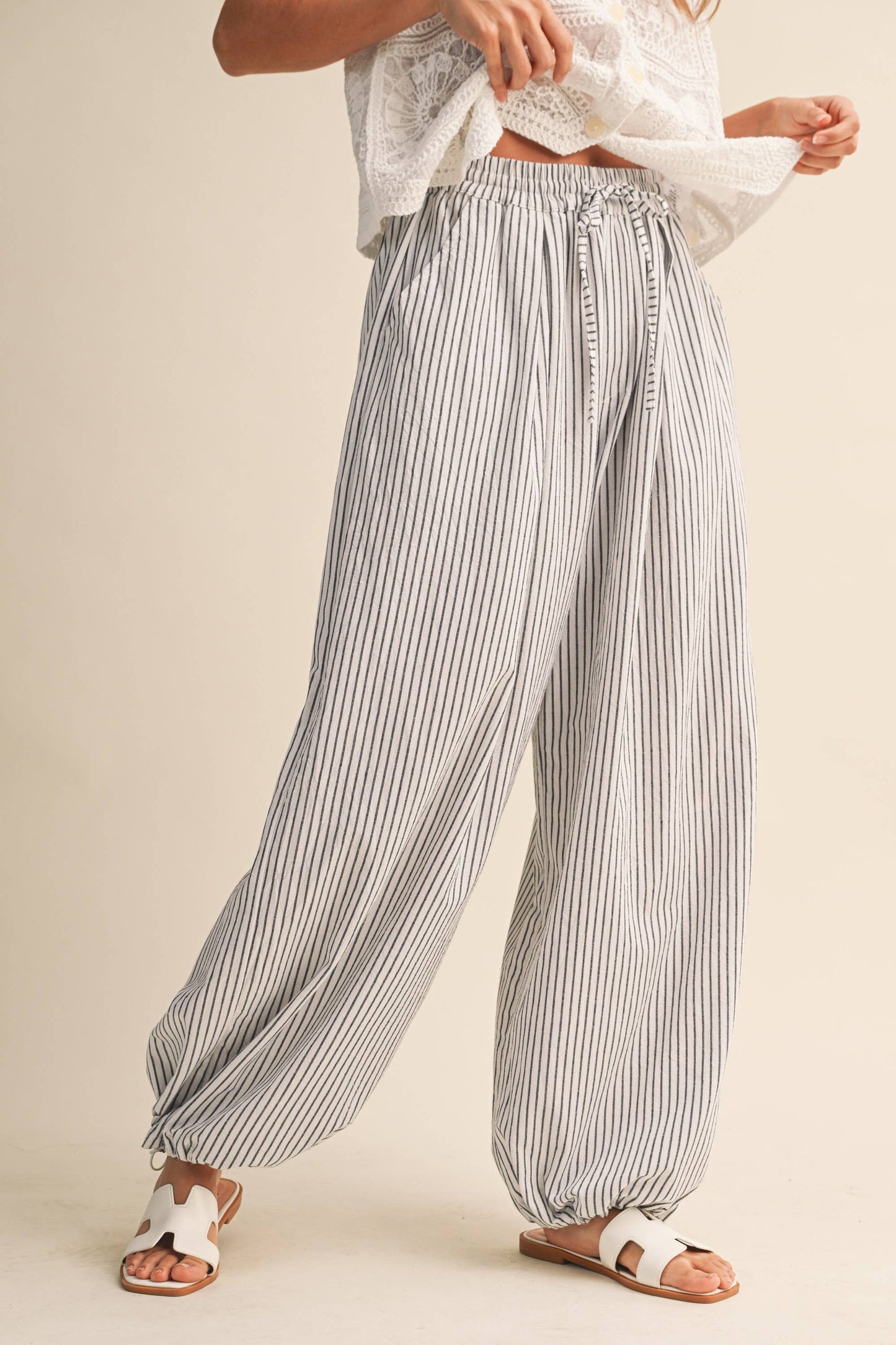 Shelly Striped Balloon Linen Blend Pants ~ White/Black
