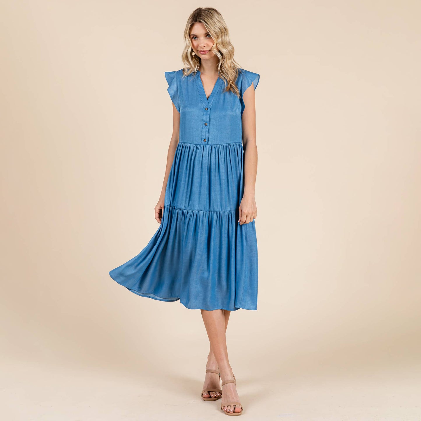 Terry Tiered Flutter Sleeve Midi Dress ~ Chambray