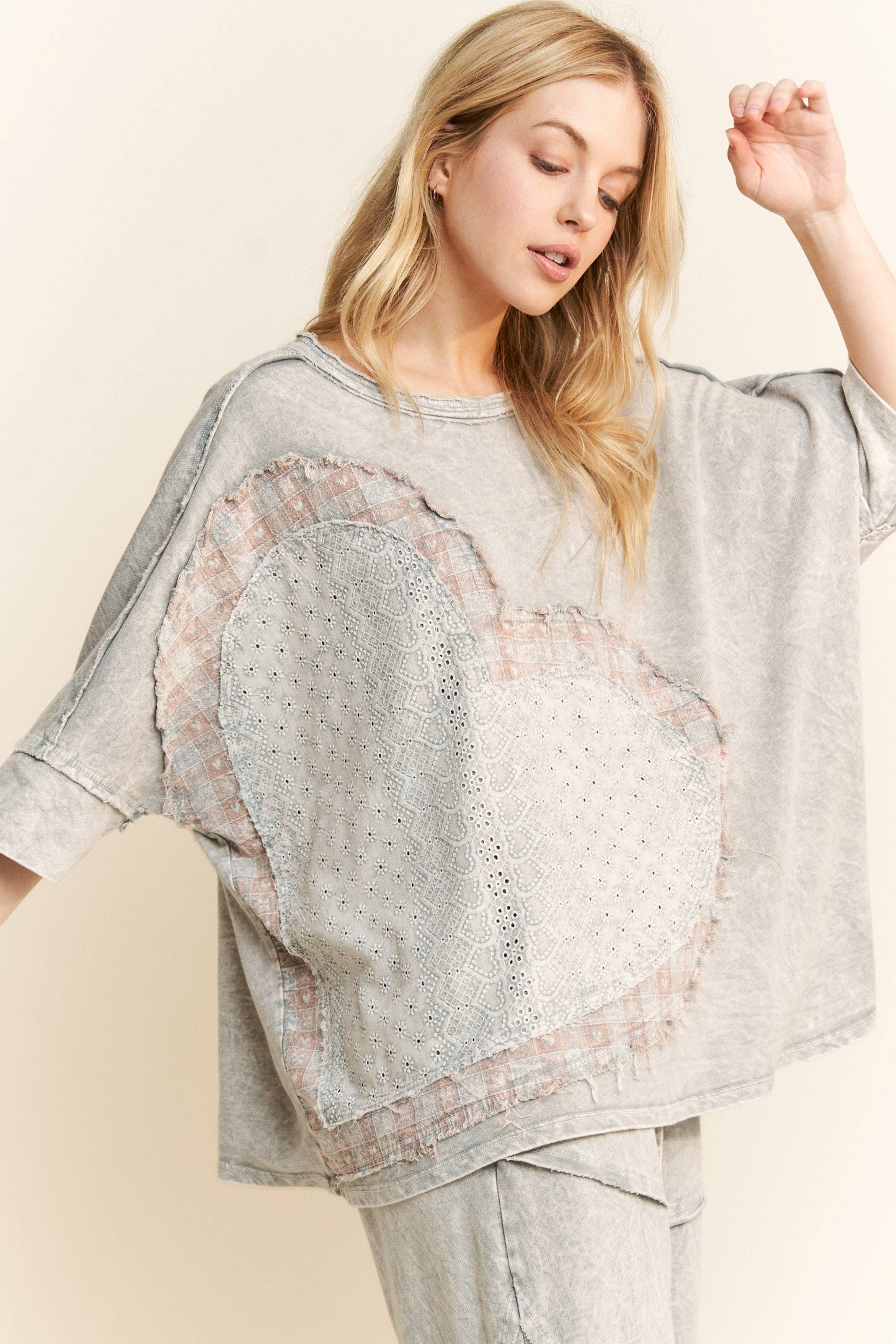 Melody Mineral Wash Heart Patched Top ~ Sliver Grey