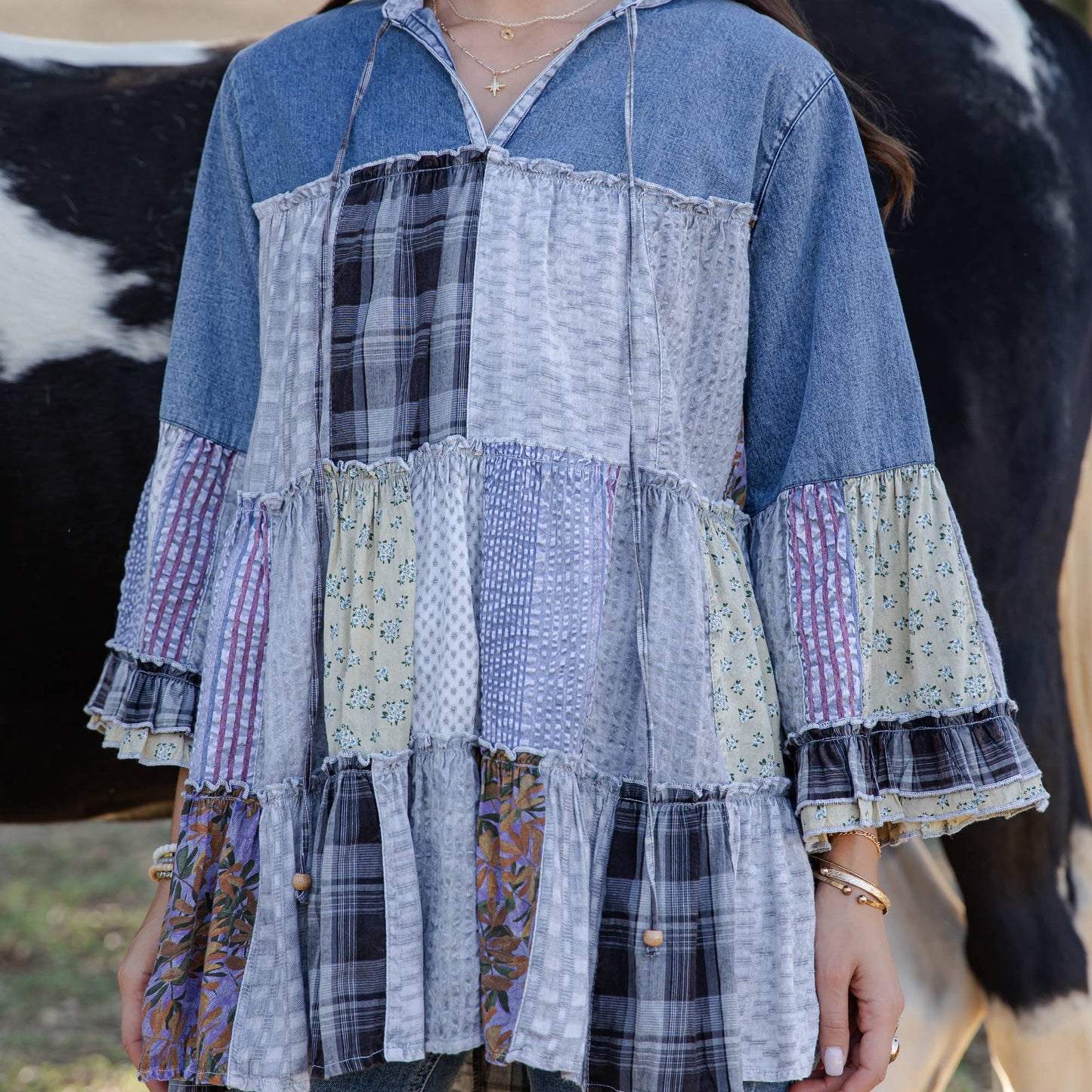 Amelia 3/4 Sleeve Jhabla Patchwork Top - Light Denim