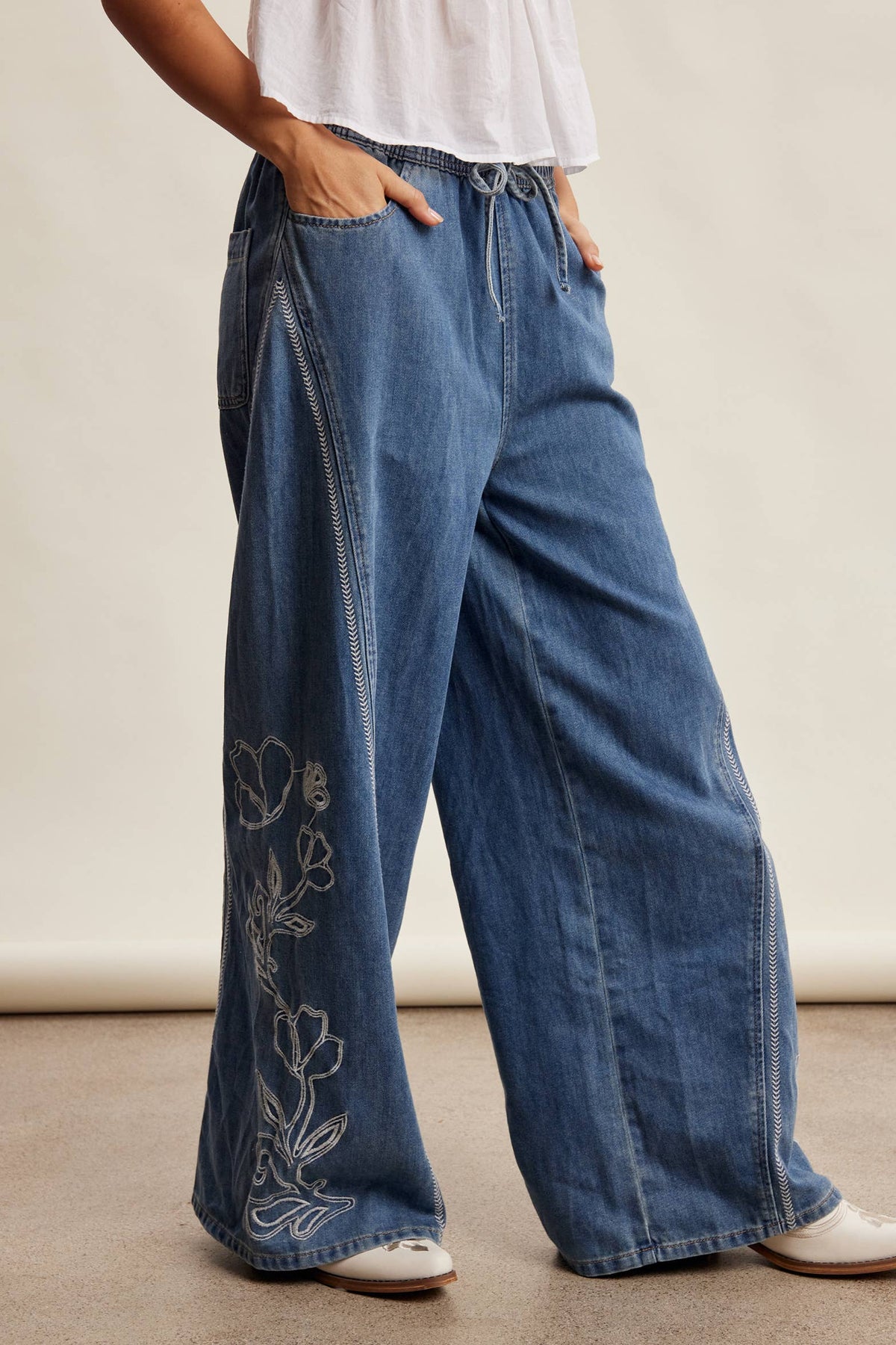 Emma Embroidered Wide Leg Denim Pants ~ Sunwash Blue
