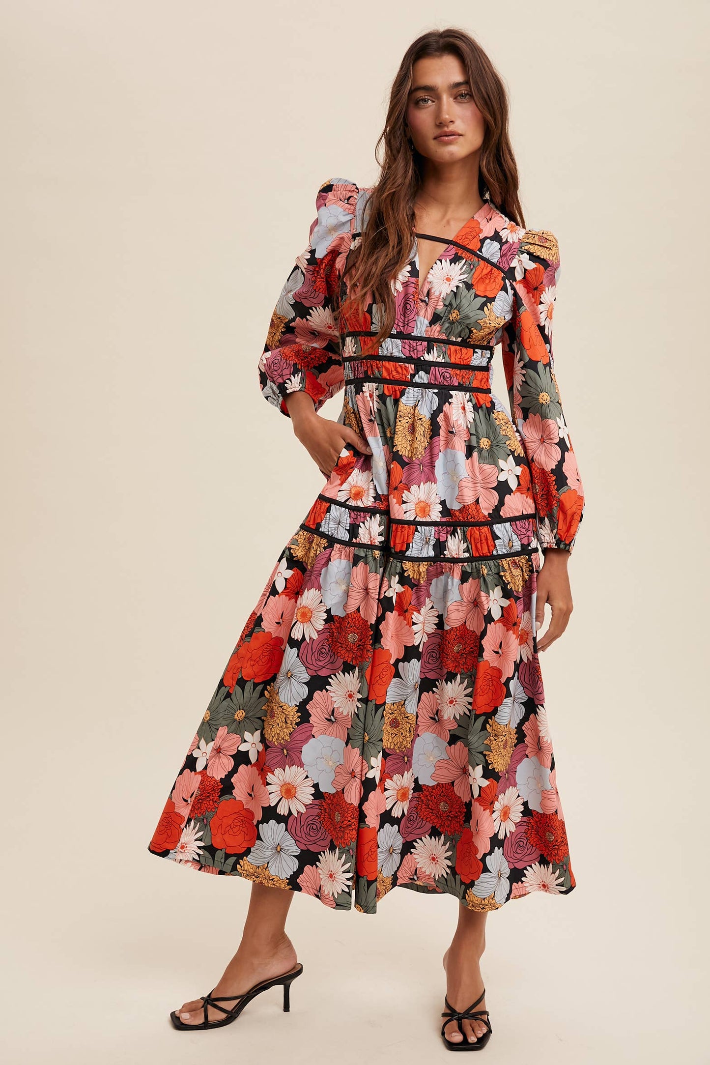 Sidney Floral Puff Sleeve Midi Dress ~ Red