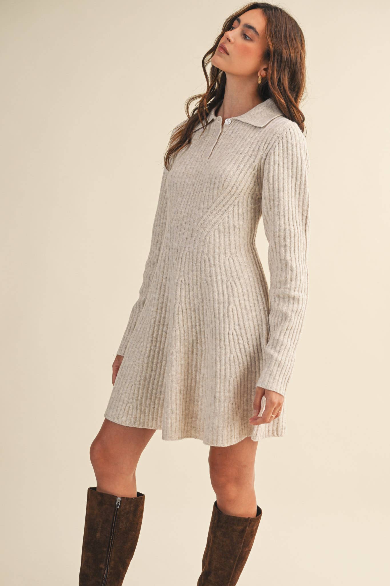 Ruby Ribbed Sweater Flared Mini Dress ~ Oatmeal