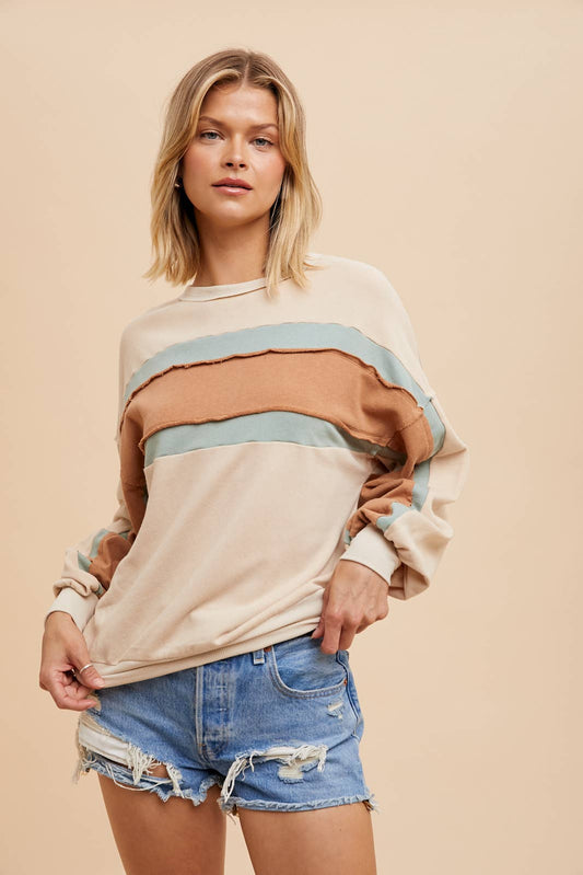 Allie Striped Colorblock Pullover ~ Almond