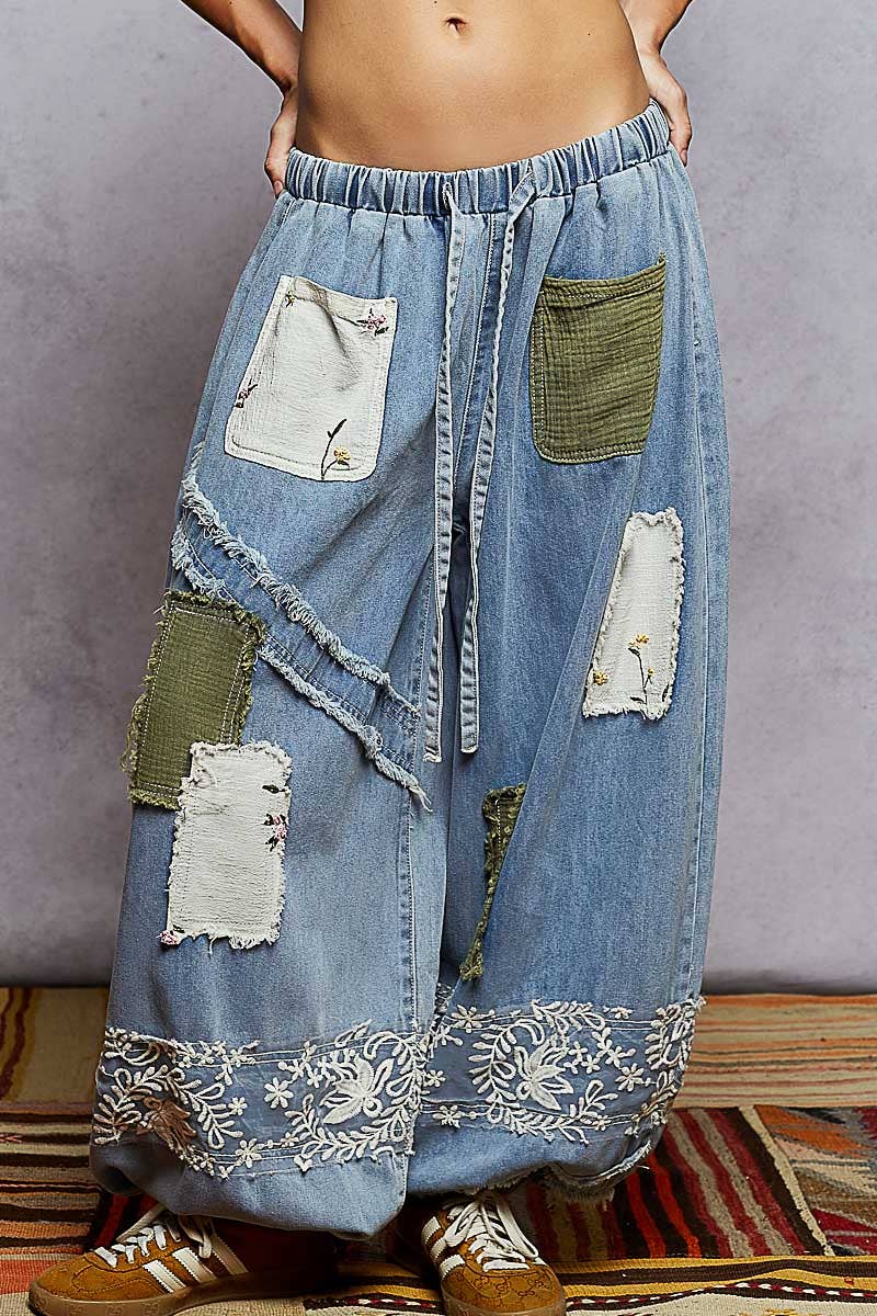 POL Floral Patch Lace Jogger Pant ~ Light Denim