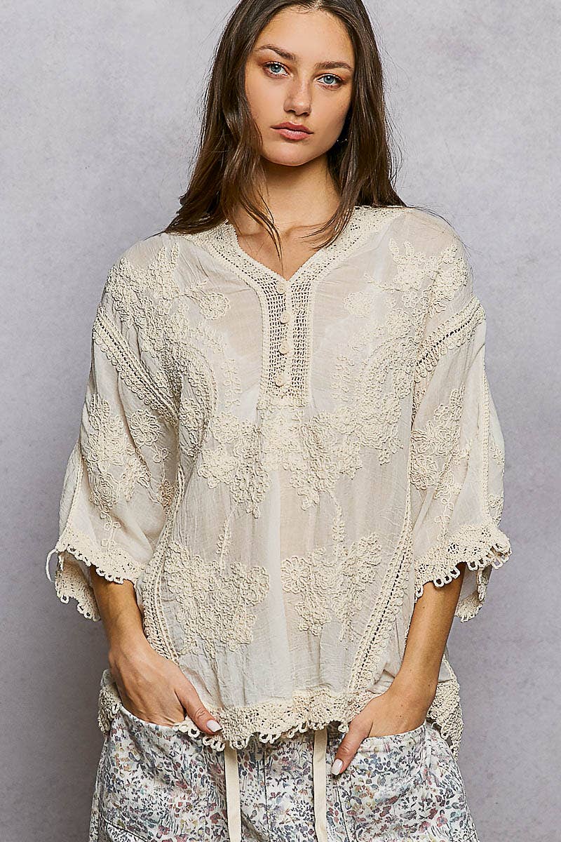 Veronia V-Neck Floral Embroidered Crochet Blouse Top ~ Natural