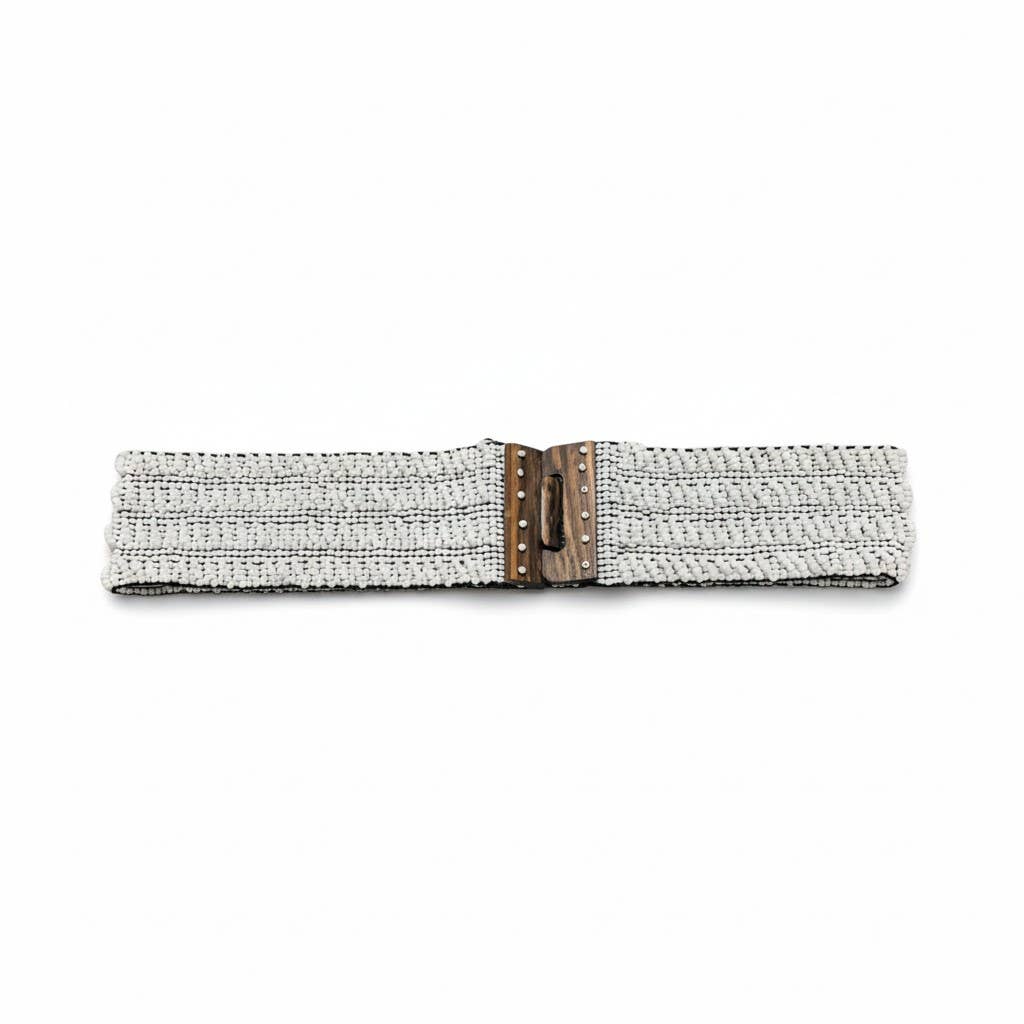 Stretchable Boho Chic Glass Beaded Belt with Wooden Buckle