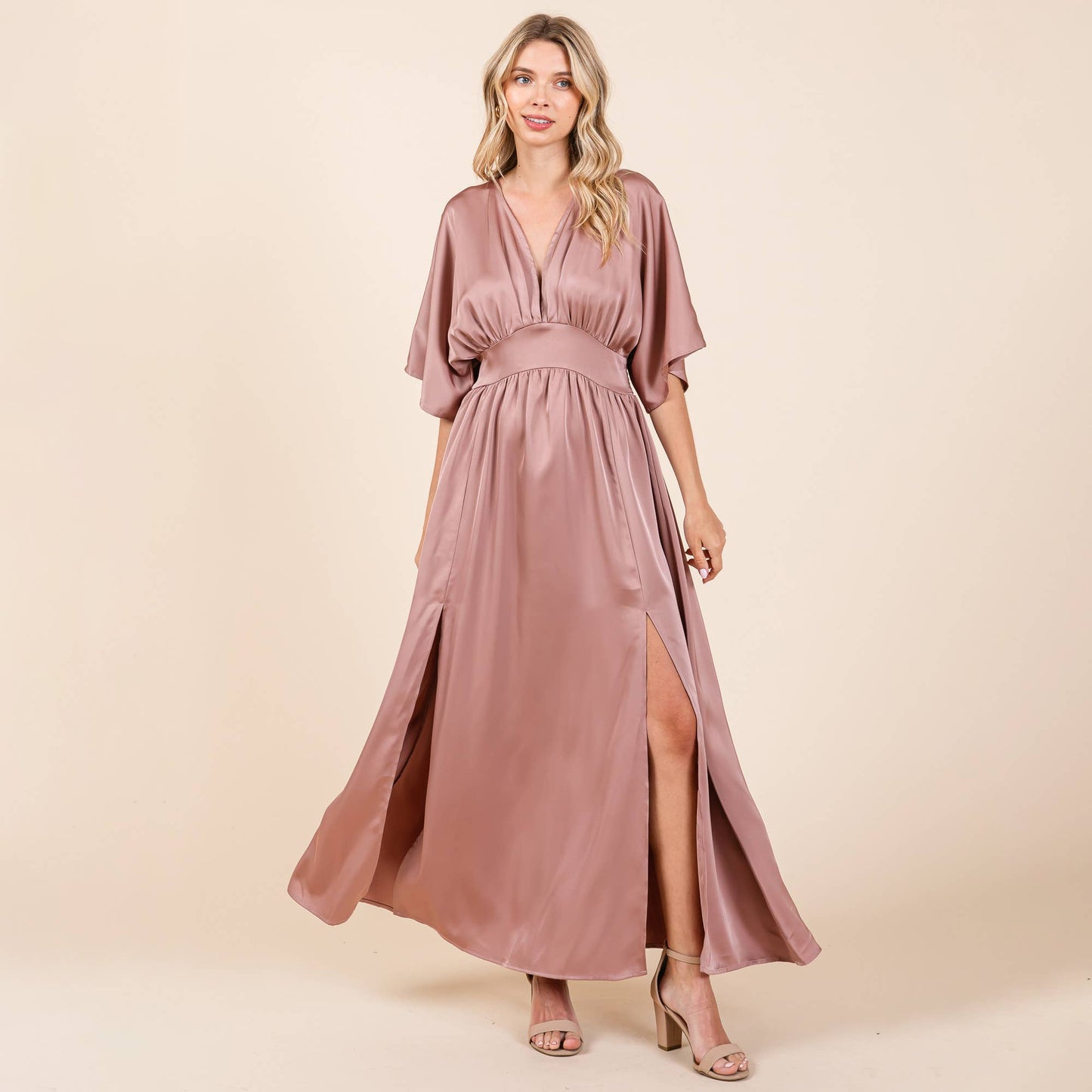Selma Satin Kimono Maxi Dress ~ Dusty Rose