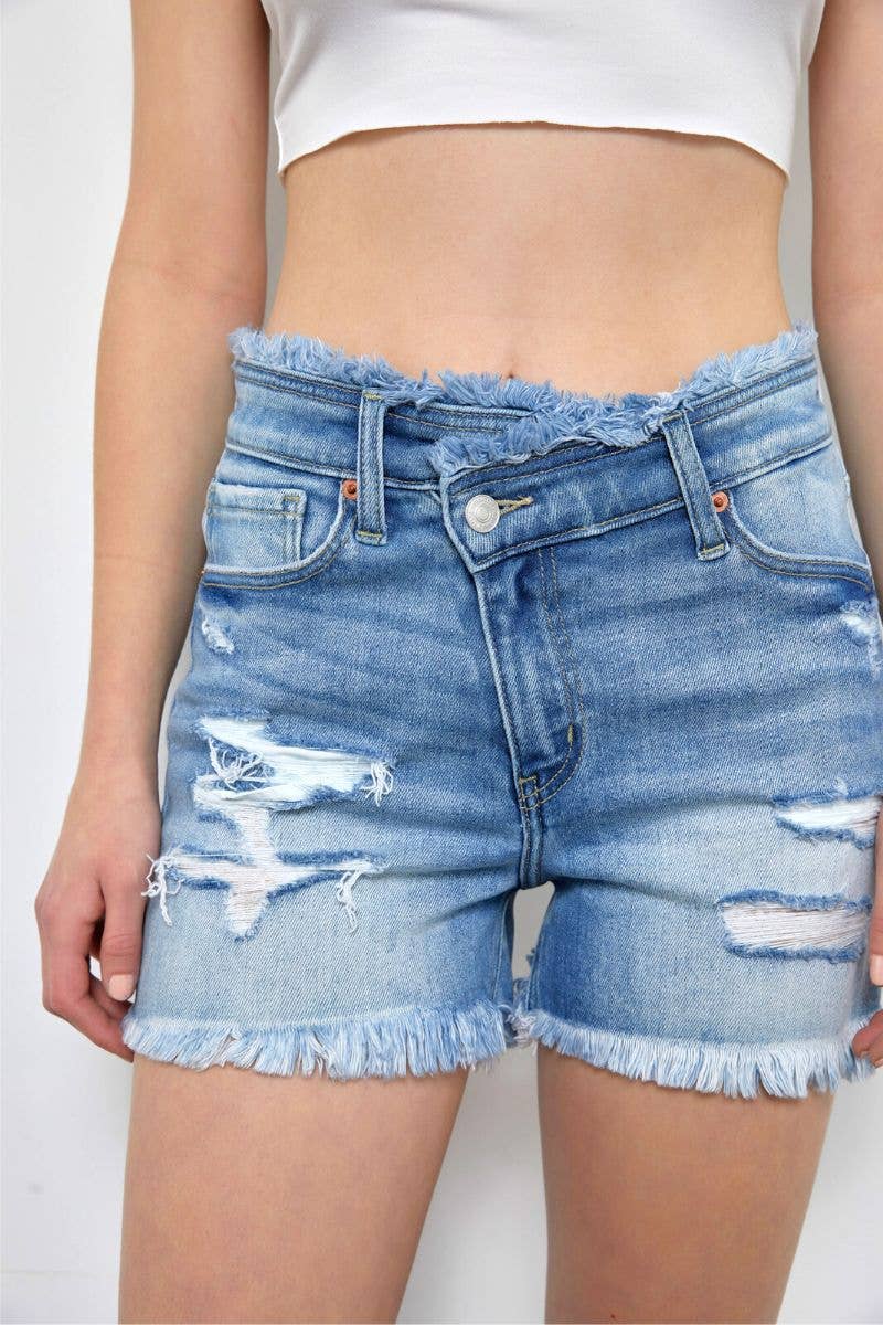 Macey High Rise Crossover Denim Shorts