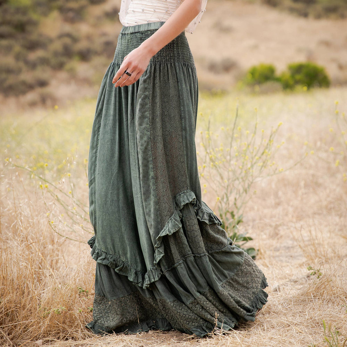 Boho Smocked Mineral Wash Lace Tiered Ruffle Pants ~ Basil