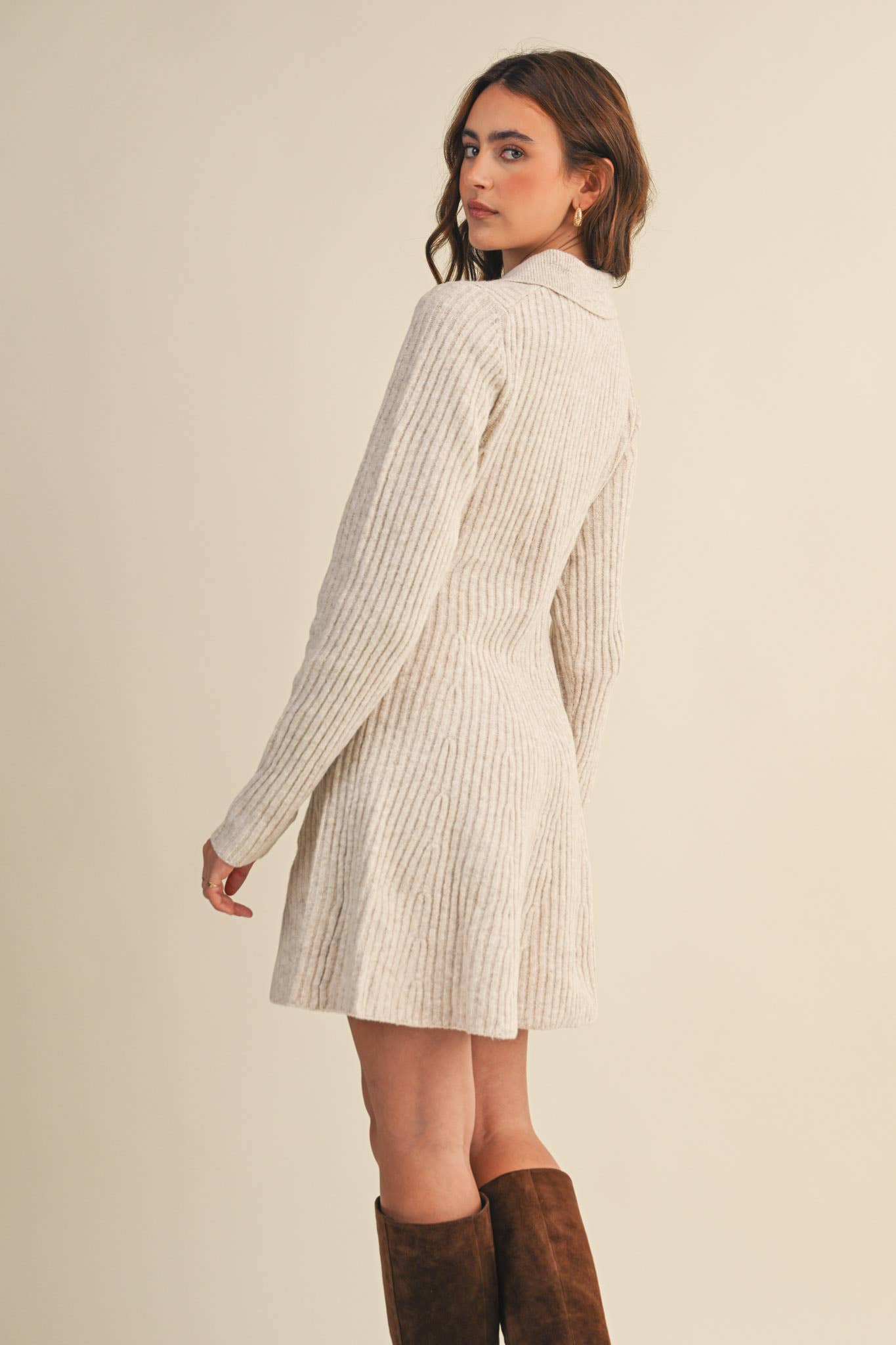 Ruby Ribbed Sweater Flared Mini Dress ~ Oatmeal