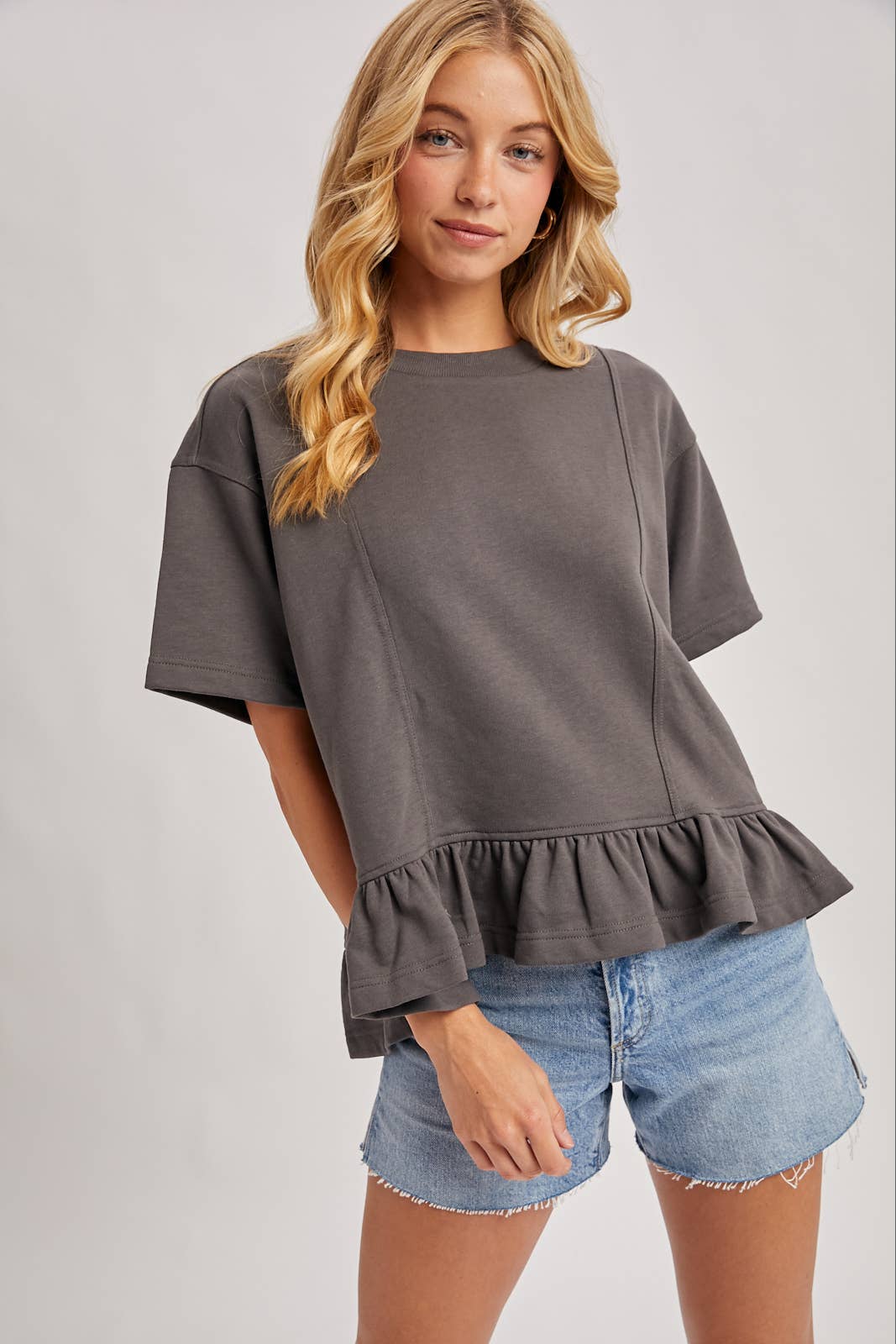 Regan Ruffled Peplum Hem Swing Knit Top ~ Ash