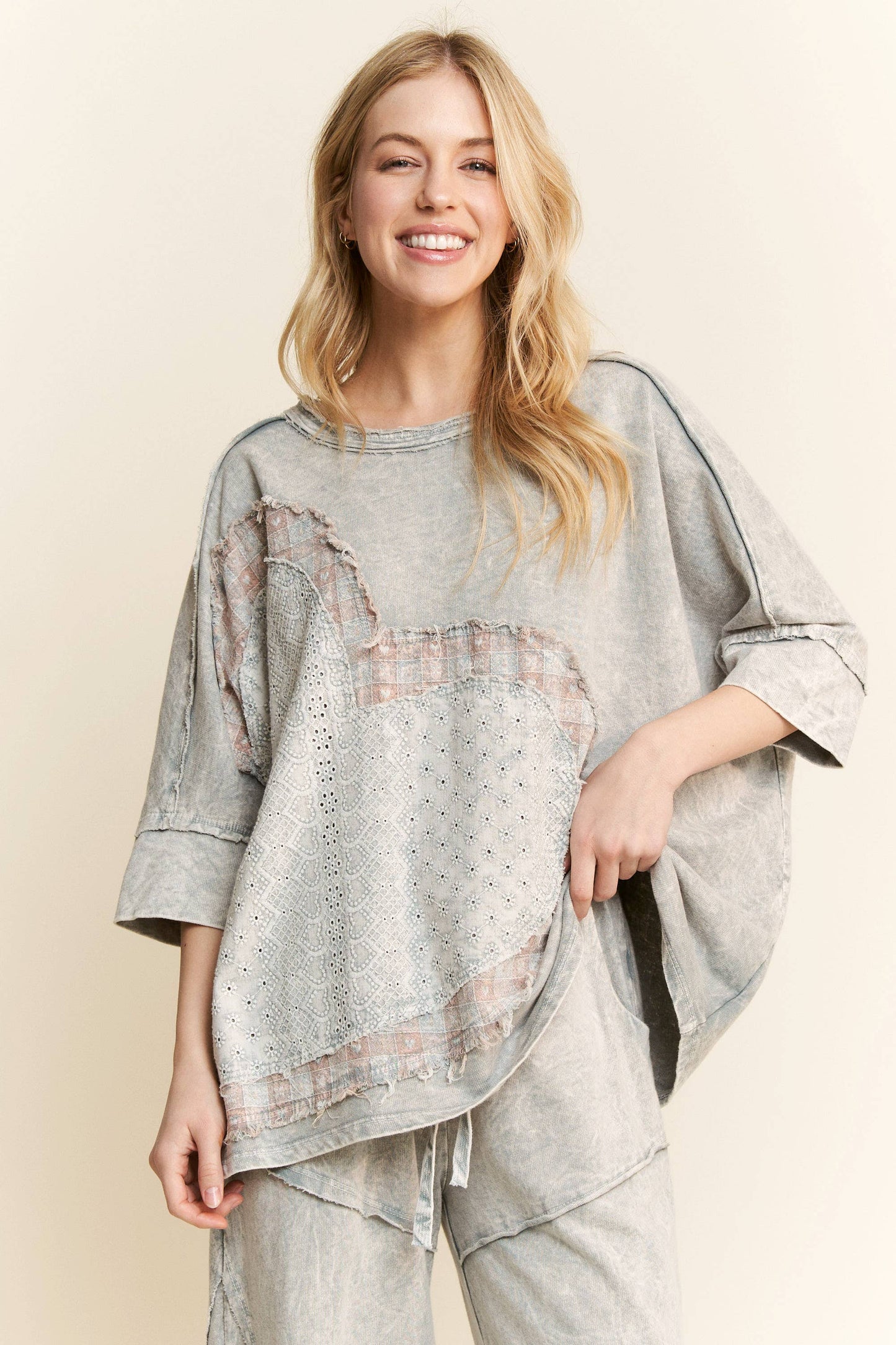 Melody Mineral Wash Heart Patched Top ~ Sliver Grey