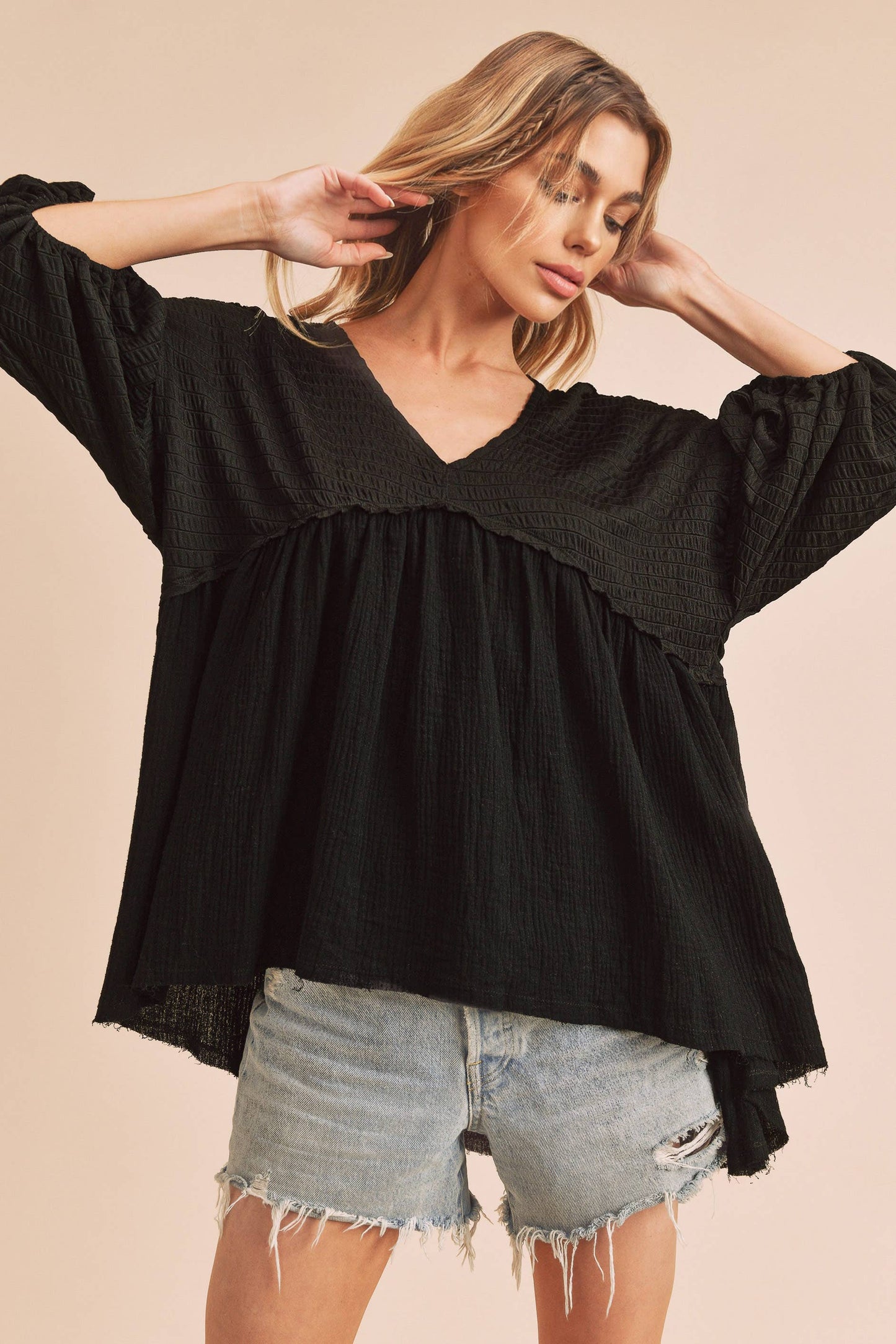 Natalie 3/4 Sleeve Babydoll Top ~ Black