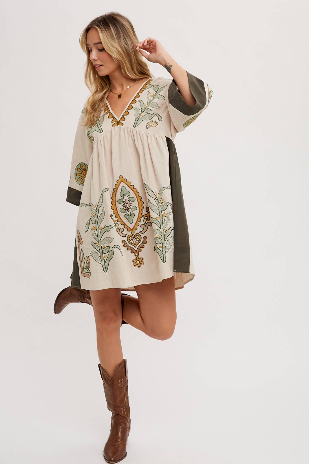 Blair Boho Embroidered V Neck Dress ~ Oatmeal
