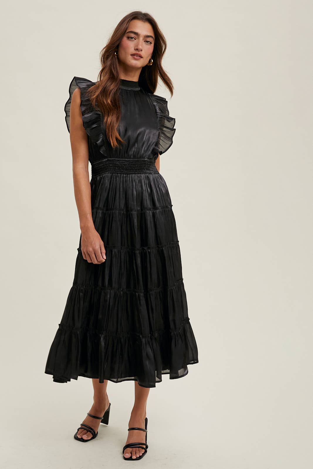 Odessa Organza Ruffle Tiered Midi Dress ~ Black