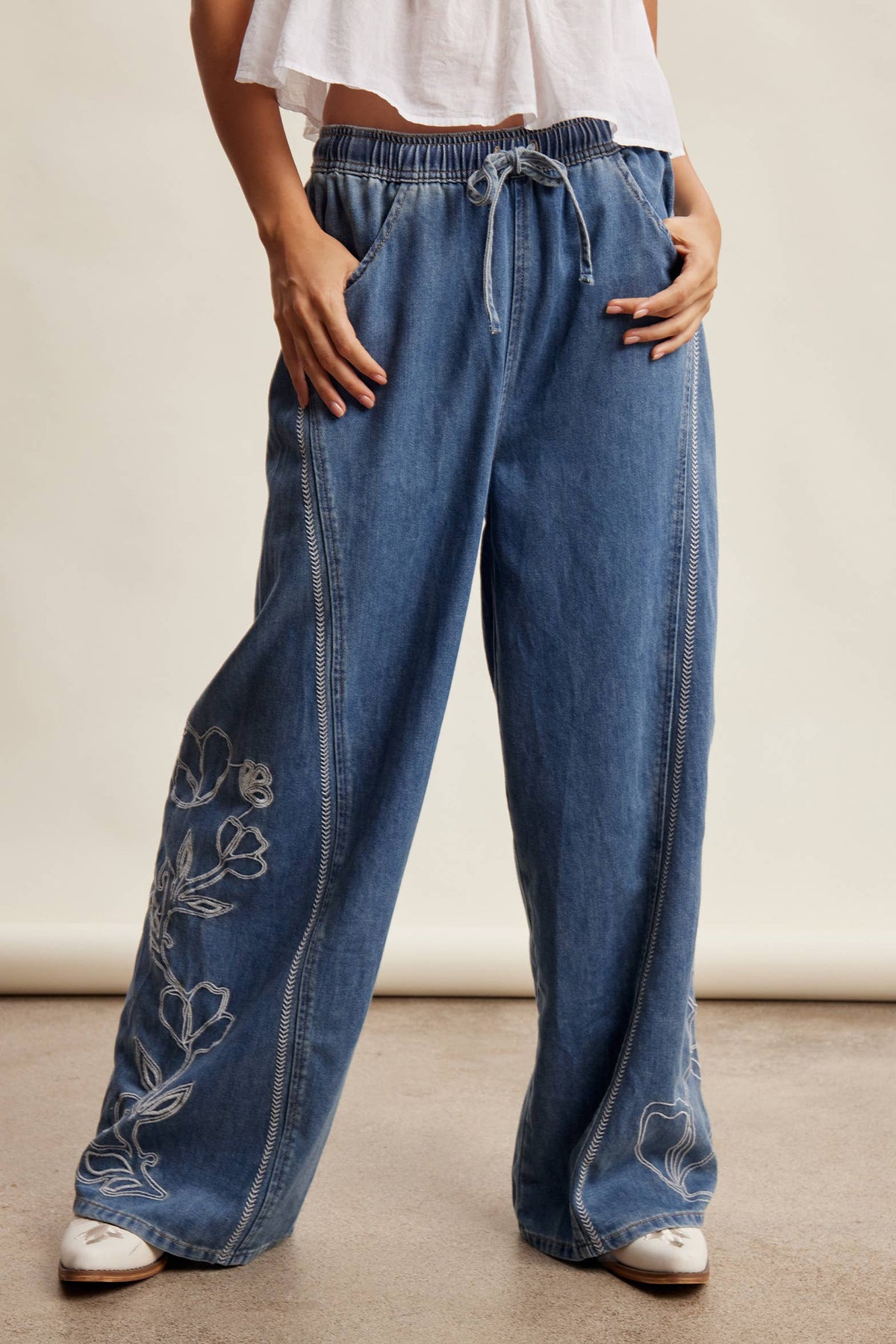 Emma Embroidered Wide Leg Denim Pants ~ Sunwash Blue