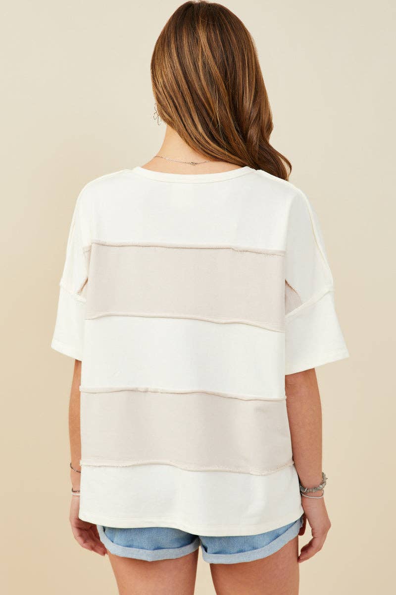 Regan Raw Edge Detail Color Block Top ~ Taupe/Cream