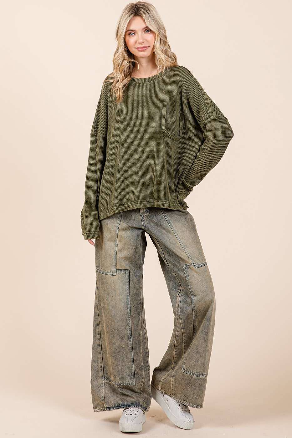 Myra Mineral Wash Cutout Pocket Waffle Top ~ Olive