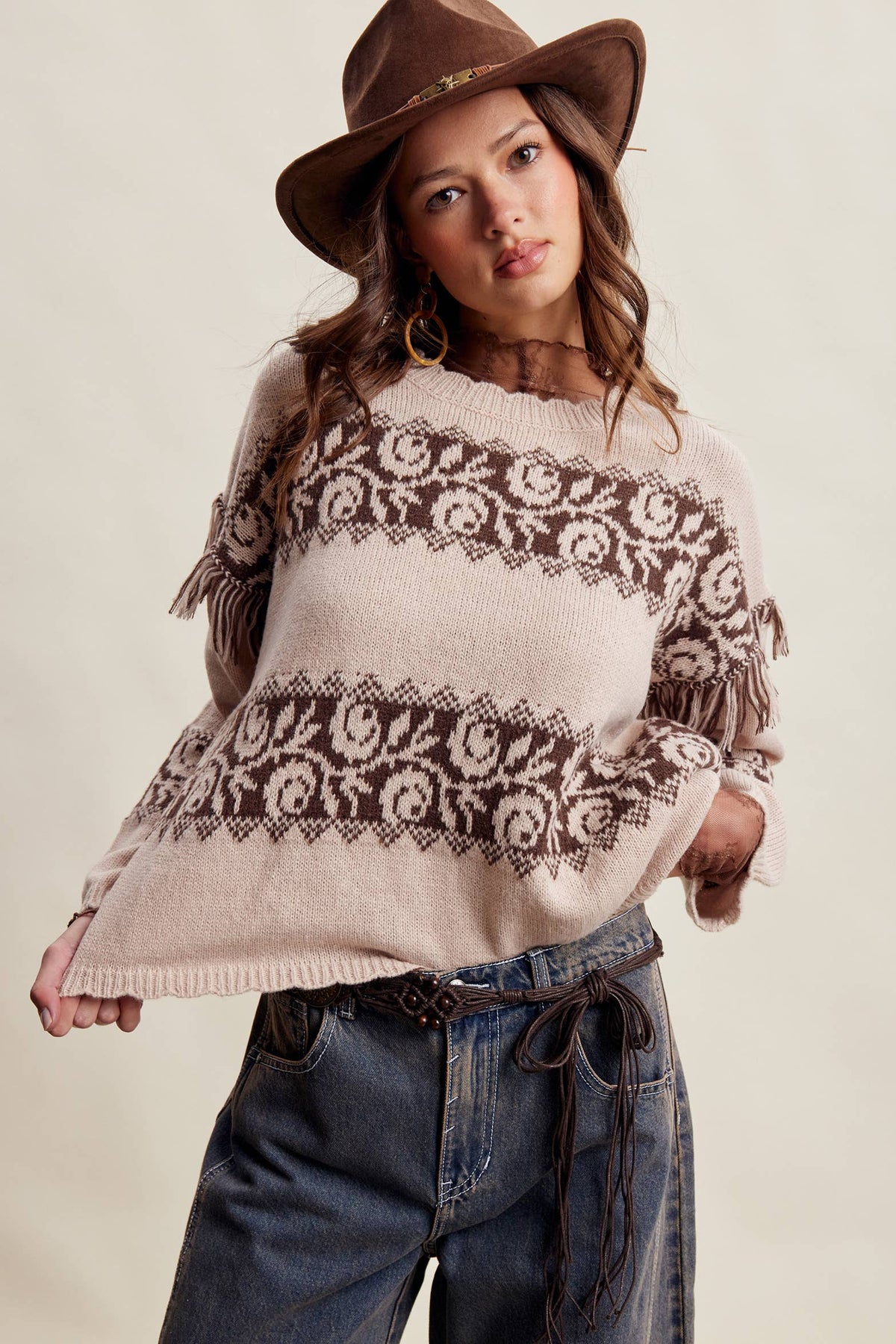 Whitney Western Fringe Pattern Knit Sweater ~ Sand Stone