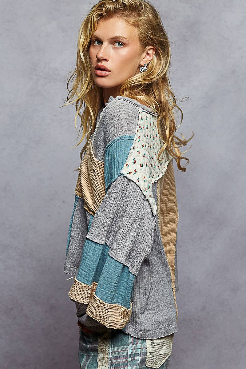 POL Gauze Contrast Quilted Rib Knit Top ~ Azure Blue