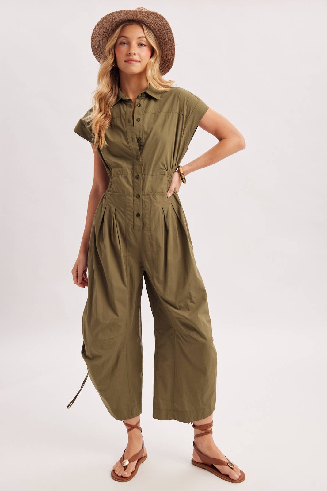 Megan Button Down Utility Jumpsuit ~ Olive