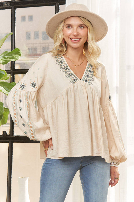 Blair Boho Embroidered Peasant Top ~ Oatmeal