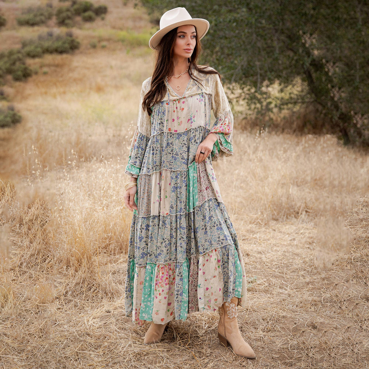 Jhabla Floral Patchwork Maxi Dress ~ Sand