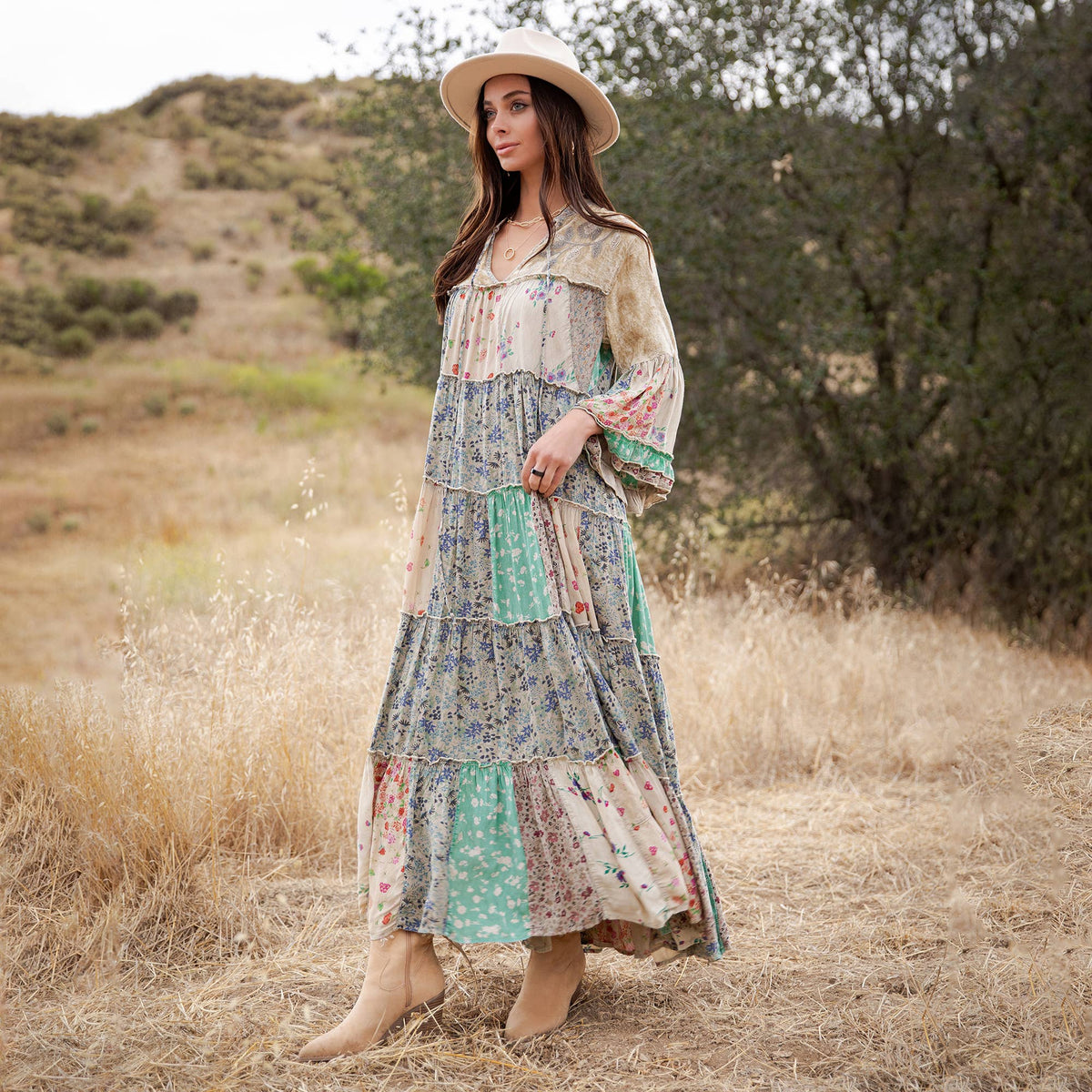 Jhabla Floral Patchwork Maxi Dress ~ Sand