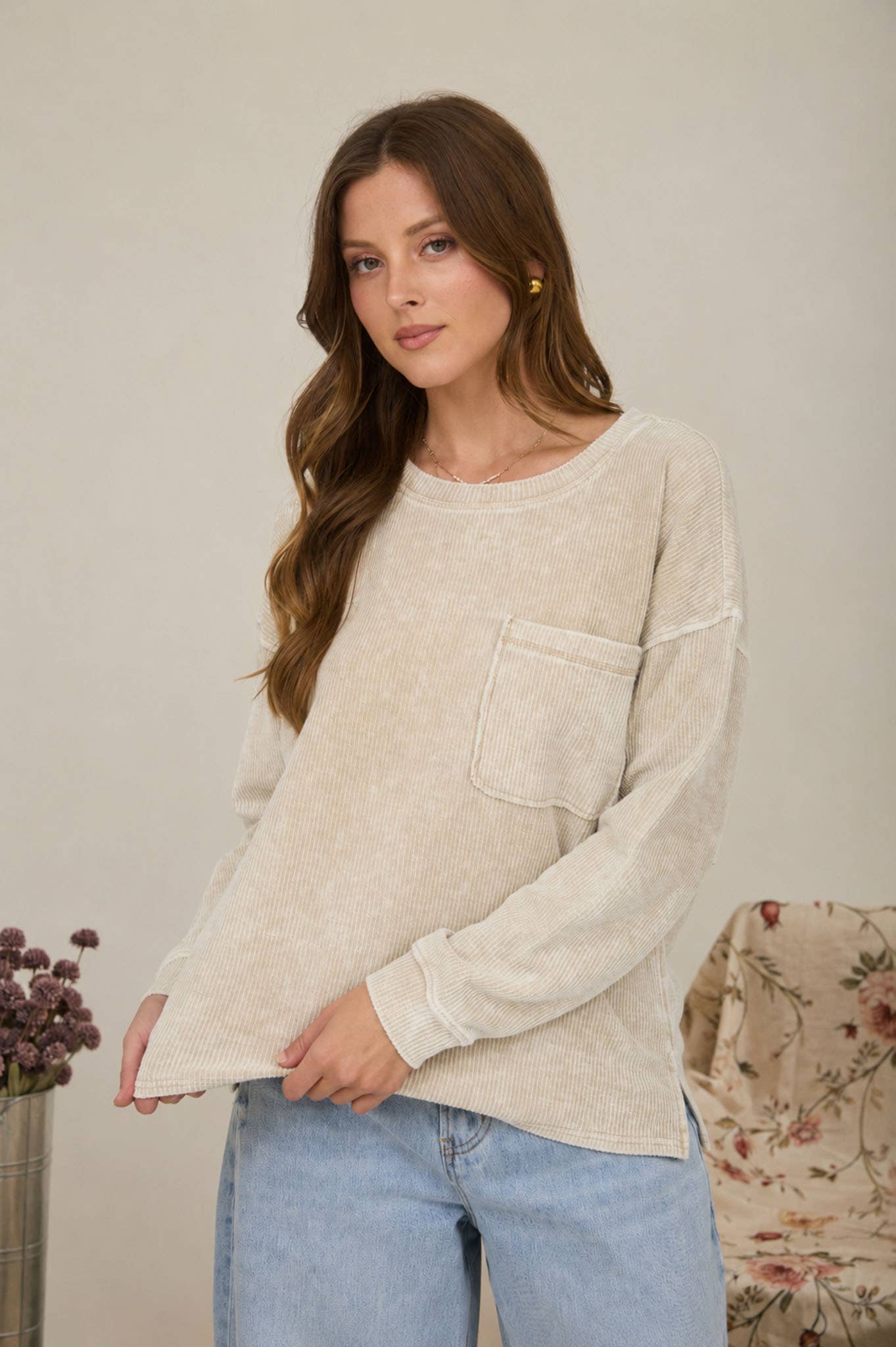 Wren Washed Pocket Rib Top ~ Khaki