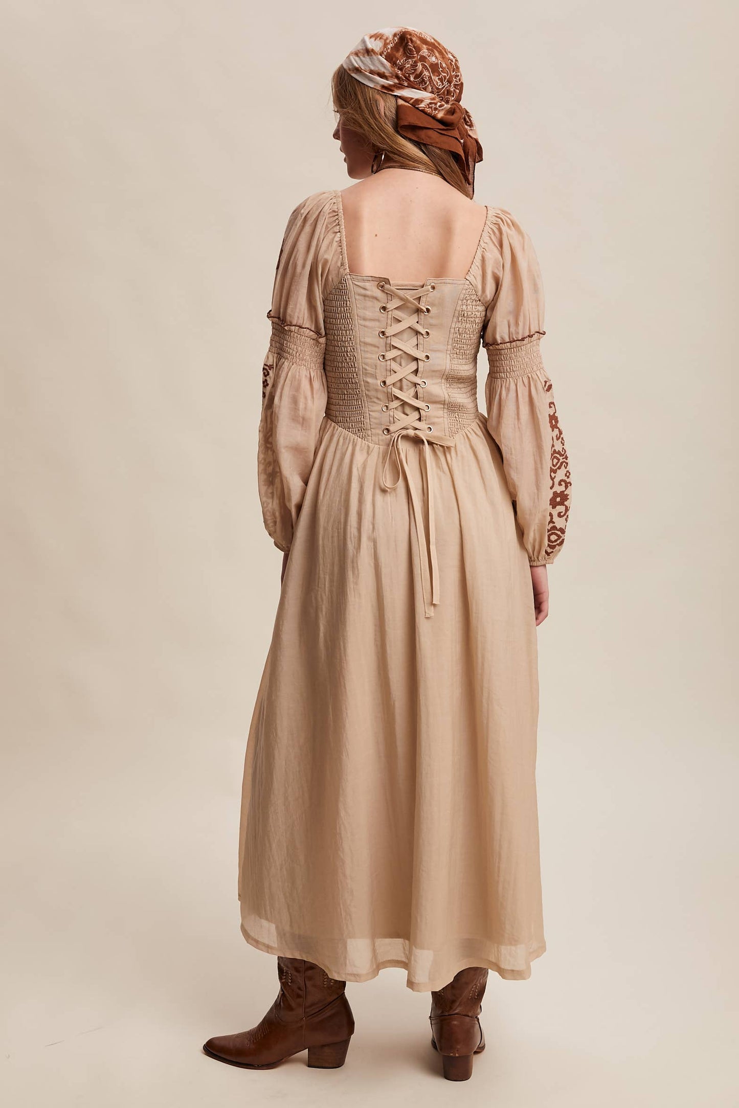 Emma Embroidered Square Neck Puff Sleeve Maxi Dress ~ Taupe