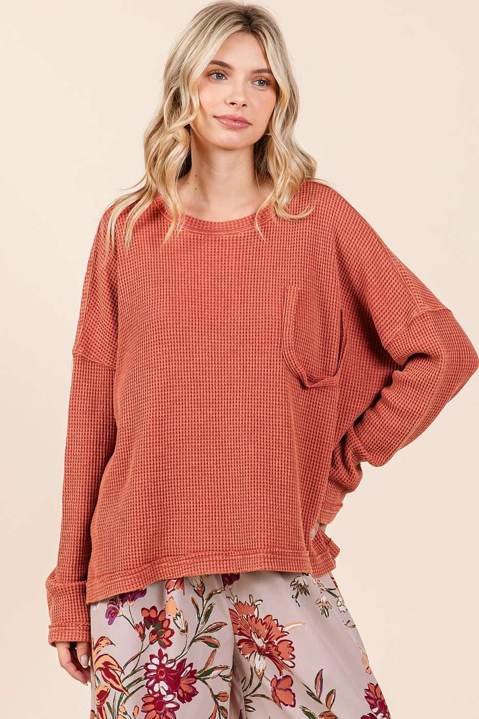 Myra Mineral Wash Cutout Pocket Waffle Top ~ Rust
