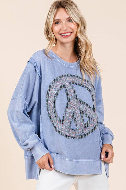 Peace Sign Mineral Wash Pullover ~ Rain Blue