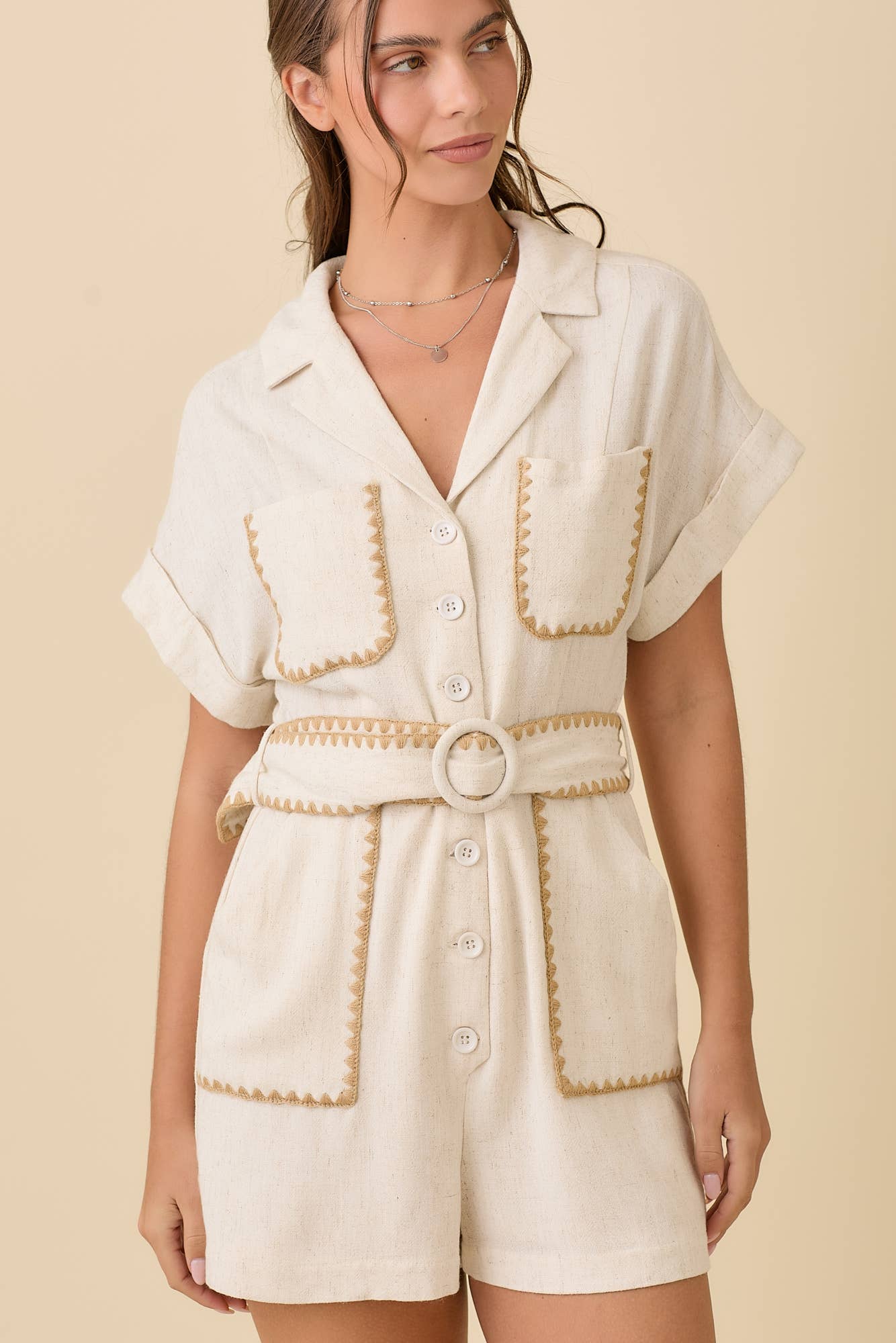 Simone Lapel Collar Button Down Belted Romper ~ Natural