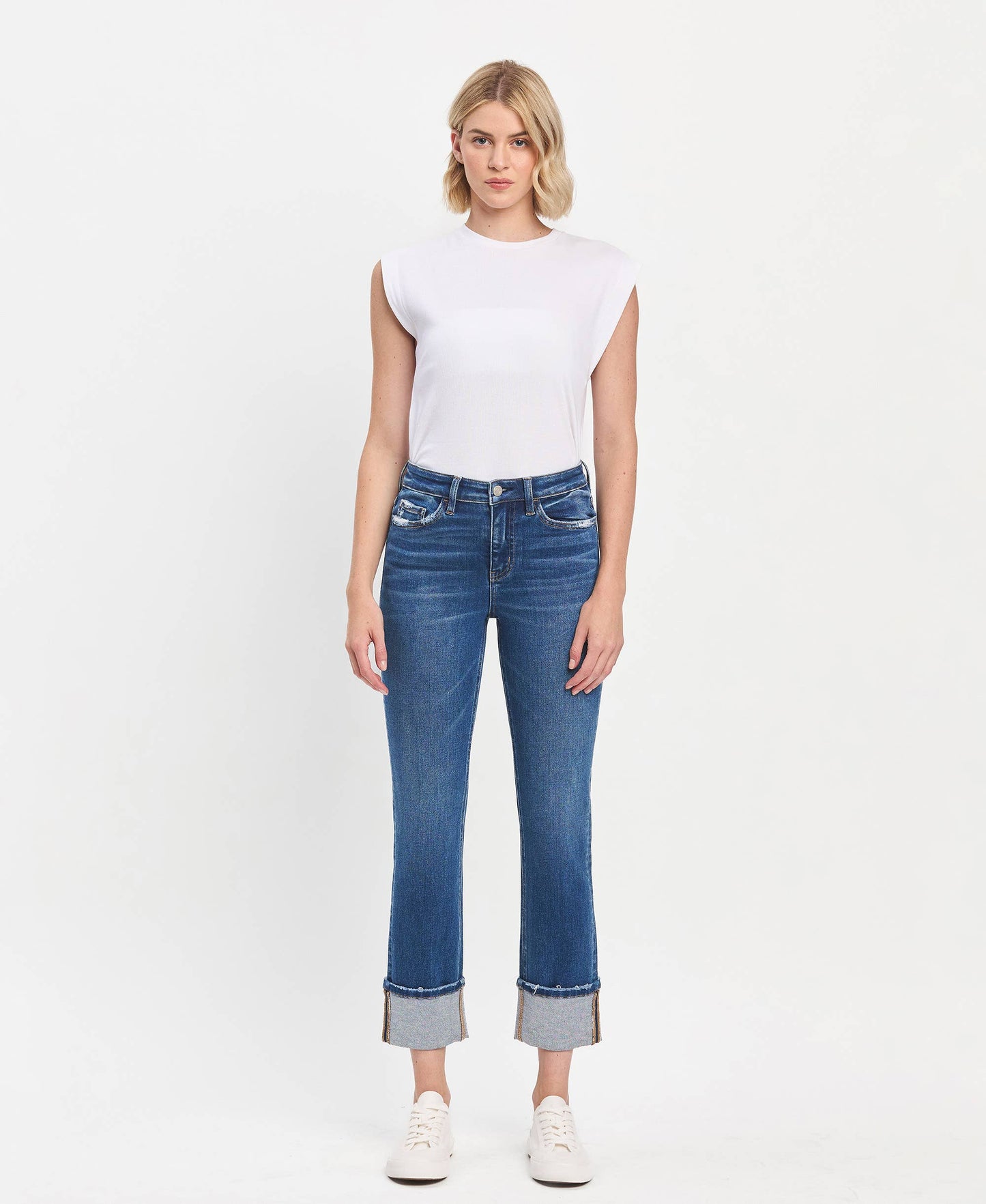 Jeanne High Rise Cuffed Slim Straight Jeans ~ Medium Denim