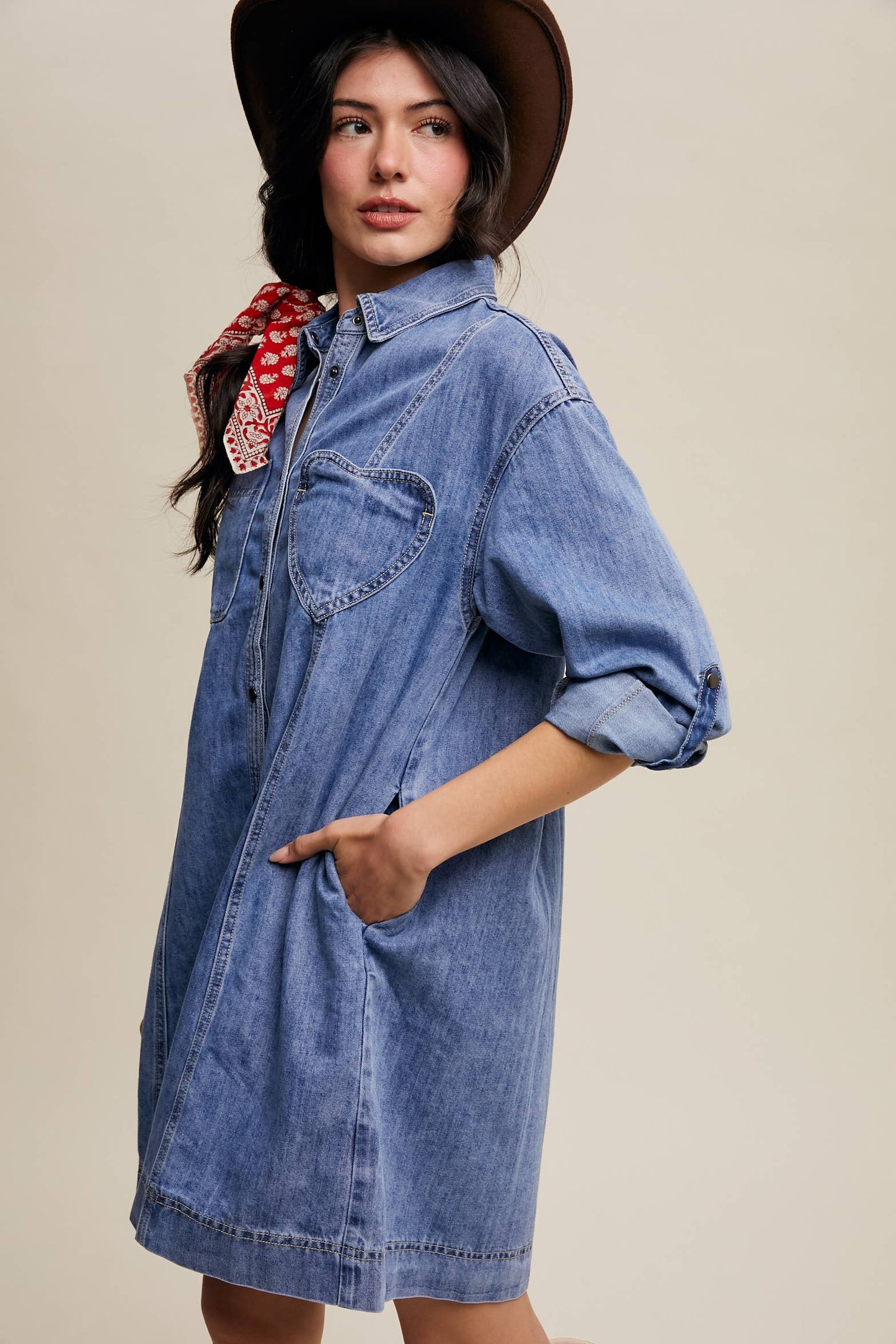 Dana Denim Heart-Pocket Shirt Dress ~ Daylight Denim